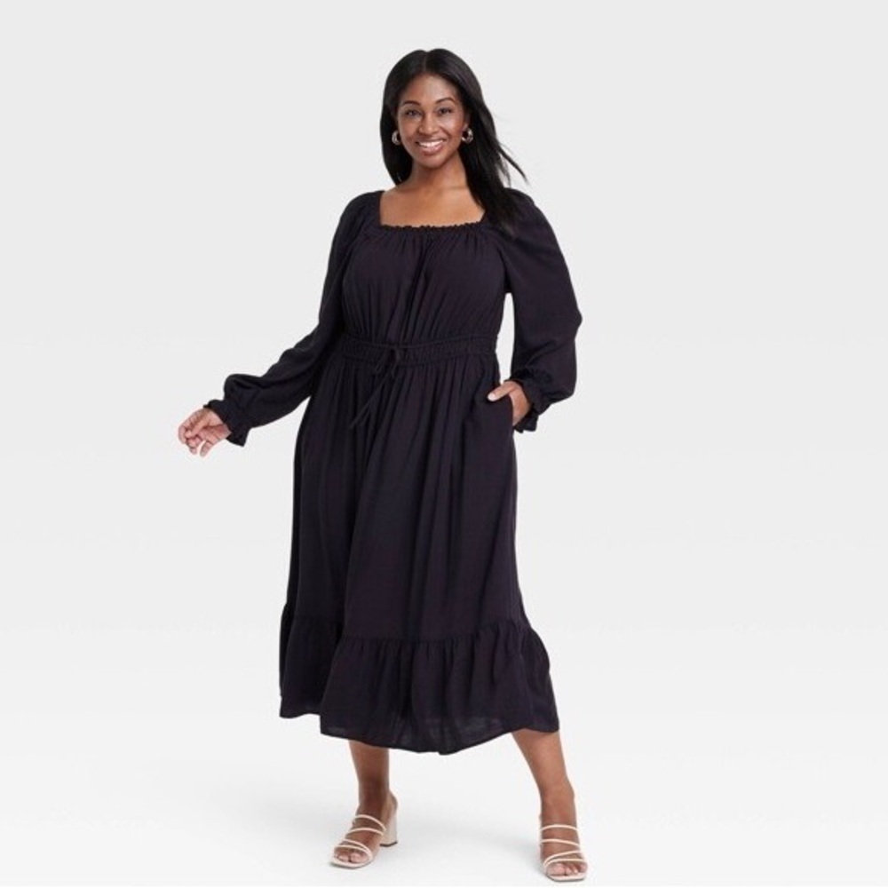 Ava & Viv Black Balloon Sleeve Tiered Dress Stretch Comfy Neutral Wedding Guest